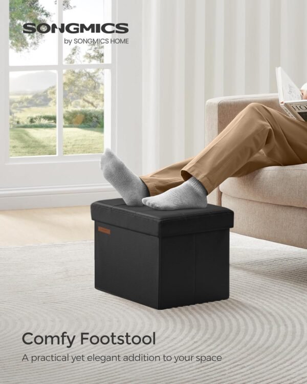 SONGMICS Small Folding Storage Ottoman, Foot Rest Stool, Cube Footrest, Synthetic Leather, 12.2 x 16.1 x 12.2 Inches, 286 lb Capacity, for Living Room, Bedroom, Dorm, Ink Black ULSF100B01 - Image 3