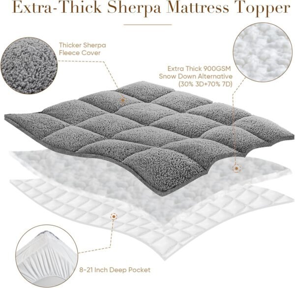 Twin XL Mattress Topper for Single Bed, Cymula Sherpa Mattress Pad for College Dorm Bed 2inch Extra Thick Mattress Cover with 900GSM Down Alternative Soft Pillow Top with 8-21" Deep Pocket, 39x80in - Image 7