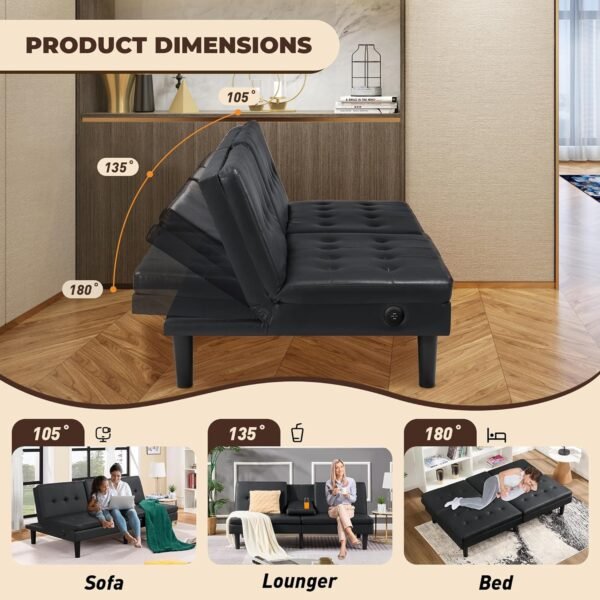 PrimeZone Futon Convertible Couch Bed - 69"W x 38"D x 29.5"H Faux Leather Futon Bed with USB & 2 Cupholders, Modern Memory Foam Sleeper Sofa Bed, Folding Loveseat for Apartment, Dorm, Office, Black - Image 7