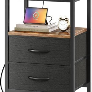 Nightstand with Charging Station, Side Table with Fabric Drawers, End Table with Open Shelf, Bedside Table with USB Ports and Outlets, Night Stand for Bedroom, Rustic Brown and Black