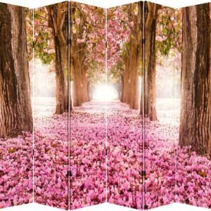 TOA 6 Panels Privacy Screen Room Divider Partition with Pink Pathway Canvas, Water Resistant for Living Room, Bathroom, Home Office or College Dorm, Wood Frame