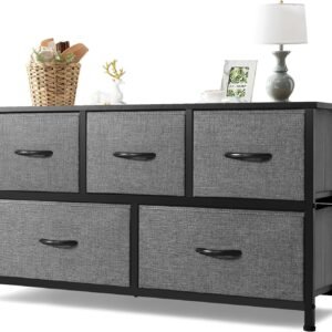 AZL1 Life Concept Extra Wide Dresser Storage Tower with Sturdy Steel Frame, 5 Drawers of Easy-Pull Fabric Bins, Organizer Unit for Bedroom, Hallway, Entryway, 11.4″D x 39.4″W x 21.6″H, Dark Grey