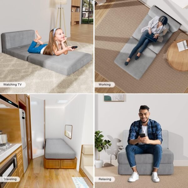 Aiho Folding Sleeper Sofa Chair Bed, Memory Foam Floor Couch, Modern Linen Fabric Removable Cover, for Living Room/Apartment/Dorm/Loft (Light Grey) - Image 9