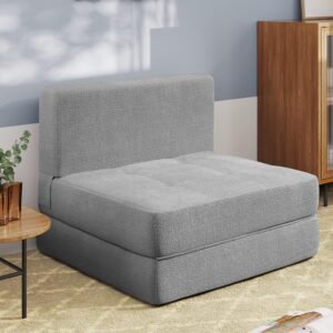 Aiho Folding Sleeper Sofa Chair Bed, Memory Foam Floor Couch, Modern Linen Fabric Removable Cover, for Living Room/Apartment/Dorm/Loft (Light Grey)