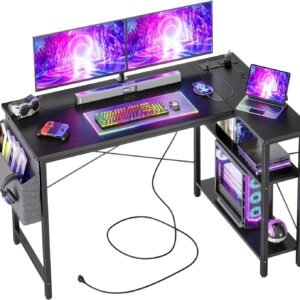 L Shaped Computer Desk with Power Outlets, 47 Inch Small Corner Desk with Reversible Shelves, Gaming Desk Computer Table Study Writing Table for Home Office Bedroom Small Space, Black