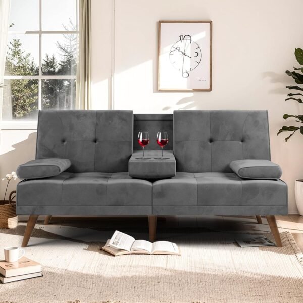 Meilocar Sofa Bed Velvet, 60" Loveseat Futon Sofa Bed with Removable Armrests, Adjustable Recliner Guest Bed Daybed Sofa for Small Space, Cup Holders, 3 Angles, Gray - Image 3