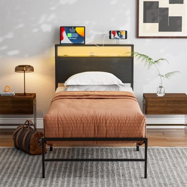 Twin Size Storage Headboard with LED Lights & Charging Station,2-Tier Storage Shelf, Industrial Metal and Wood Construction, Headboard for Bedroom, Attach Frame (black, Twin) - Image 7
