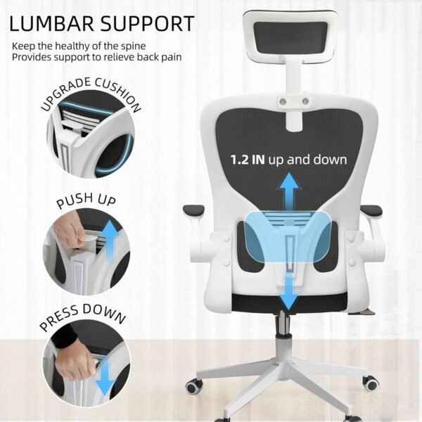 Ergonomic Office Chair, High Back Mesh Computer Desk Chair with Flip-up Arms, Adjustable Lumbar Support & Headrest, Swivel Rolling Task Chair for Home Office, Bedroom, Study, College Dorm（White&Black - Image 8