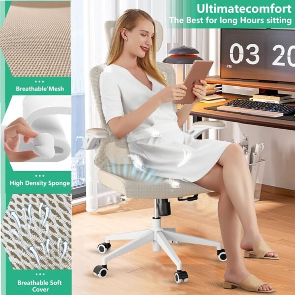 Ergonomic Office Chair - Comfy Desk Chairs with Wheels and Arms, Heavy Duty Mesh Computer Chairs with Comfortable Head Lumbar Back Support for Office, Bedroom, Study and College Dorm (khaki) - Image 3