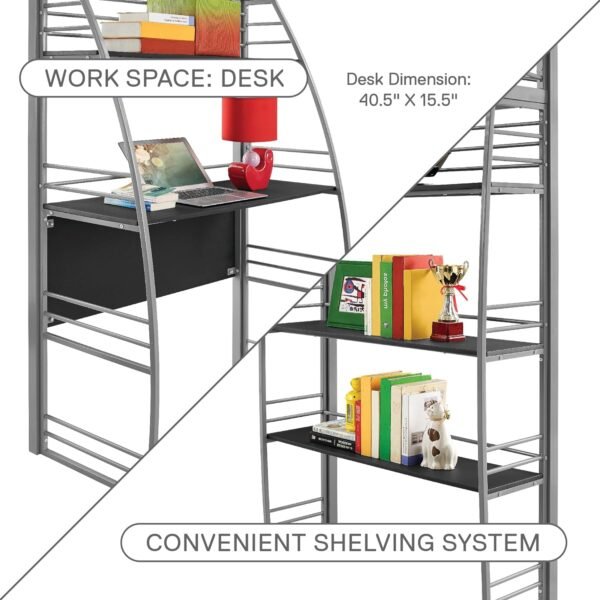 DHP Studio Loft Bunk Bed Over Desk and Bookcase with Metal Frame, Twin, Gray Gray - Image 8