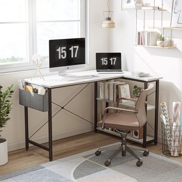 CubiCubi L Shaped Desk, 40 Inch Computer Desk with Reversible Storage Shelves Home Office Corner Desk Study Writing Table, White Top/Black Leg - Image 2