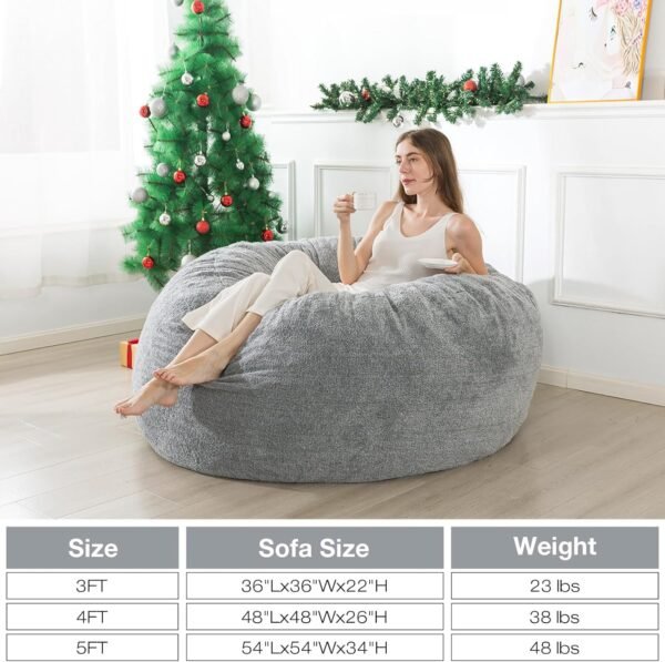 WhatsBedding 5 ft Memory Foam Bean Bag Chairs for Adults/Teens with Filling,5' Bean Bag Sofa with Ultra Soft Dutch Velvet Cover,Round Bean Bag for Living Room,5 Foot,Light Grey - Image 6