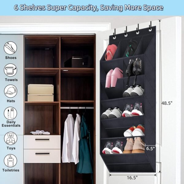 Over The Door Shoe Organizer, 2 Pack Hanging Organizer with Large Deep Pockets, Rack for Closet and Dorm Narrow Door, Holder Black - Image 3