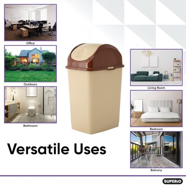 Superio Medium Trash Can with Lid 4.5 Gallon Plastic Swing Top Garbage Can Slim Waste Bin for Under Sink/Cabinet, Laundry Room, Kitchen, Office, Bedroom, Bathroom, College Dorm, 18 Qt, Beige, 2 - Image 4