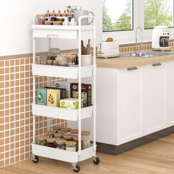 4-Tier Rolling Cart，Trolley with Drawer, Kitchen Storage Organizer with Plastic Shelf & Metal Wheels, Storage Cart for Living Room, Kitchen, Office, Bathroom, White - Image 3