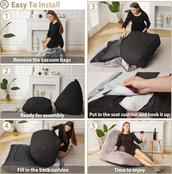 Homguava Bean Bag Chair Sofa Memory Foam Pre-filled Bean Bag Chairs Stuffed Beanbag Sofa Lazy Bean Bag Sofa for Adults, Bean Bag Couch for Gaming, Reading & Relaxing(Linen, Dark Grey) - Image 7