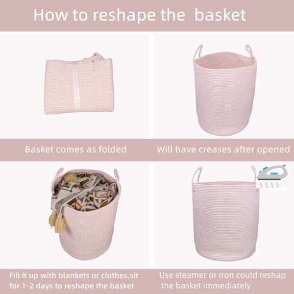 Cotton Rope Laundry Basket Hamper for Girls Kids Baby Nursery Hamper Bin Woven Storage Basket for Living Room Girls room Boho Tall Rope Baskets for Blanket Toys Large light pink - Image 6