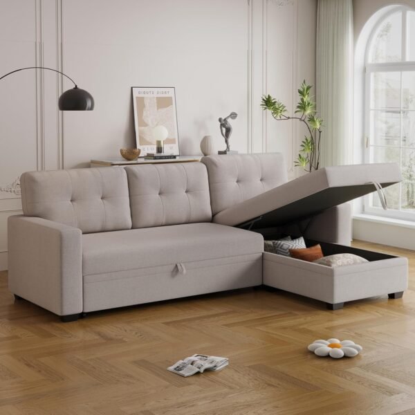 82" Convertible Sectional Sleeper Sofa with Storage Chaise, L Shaped Pull Out Couch Bed with 3 Tufted Living Room, Apartment,Office, Beige + 3 Back cushion - Image 7