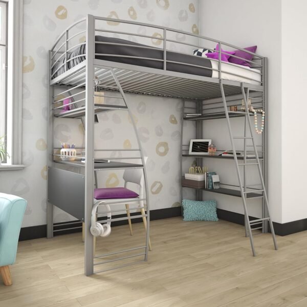 DHP Studio Loft Bunk Bed Over Desk and Bookcase with Metal Frame, Twin, Gray Gray - Image 4