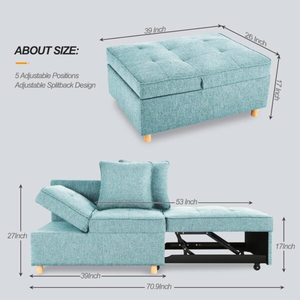 Sleeper Sofa, 4-in-1 Convertible Ottoman Couch Bed, Modern Blue Line Futon Couch with 2 Pillows Adjustable Backrest and Armrests, Foldable Loveseat for Apartment Dorm, Office, Light Blue - Image 2