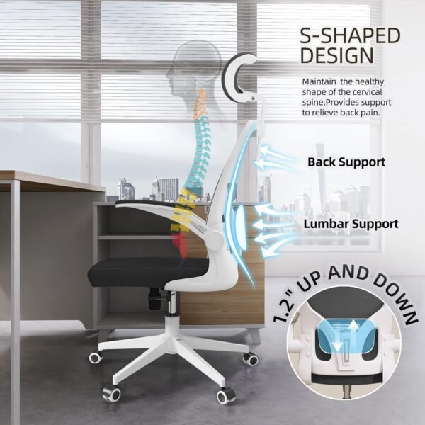 Ergonomic Office Chair, High Back Mesh Computer Desk Chair with Flip-up Arms, Adjustable Lumbar Support & Headrest, Swivel Rolling Task Chair for Home Office, Bedroom, Study, College Dorm（White&Black - Image 3