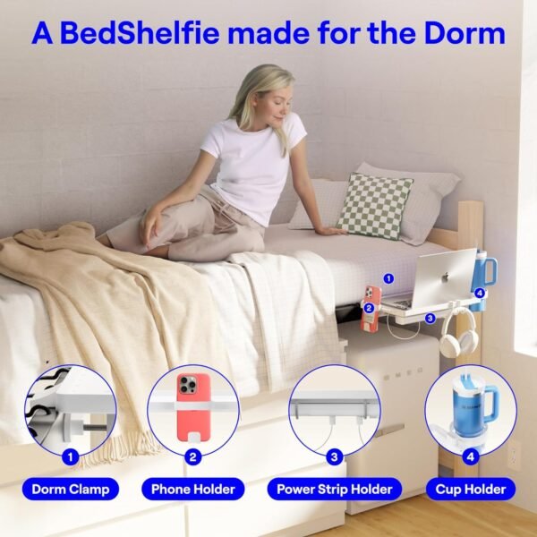 BedShelfie Bedside Shelf for College Dorm Room Bunk Bed & Top Bunk, College Dorm Room Essentials, Clip On Nightstand, Floating Bed Side Table Tray Organizer, Dorm Room Decor - DormEssential, White - Image 2