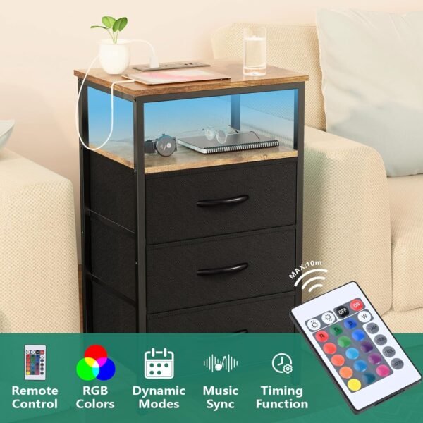 Nightstand with Charging Station, Bedside Table LED Night Stand with USB Ports and Outlets, End Table with 3 Fabric Drawers and Storage Shelf, Night Stands for Bedroom (Black&Brown) - Image 4