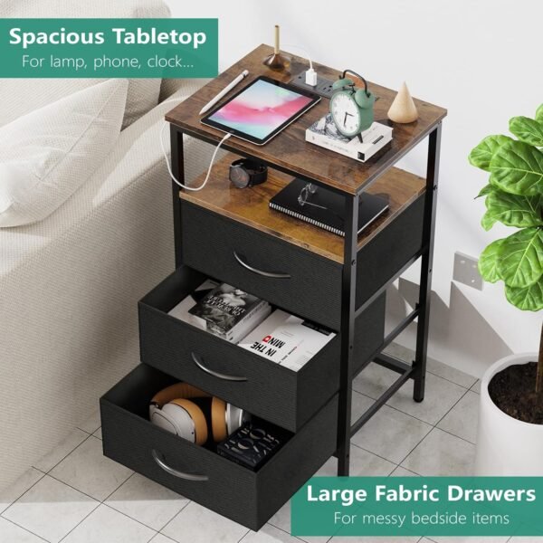 Nightstand with Charging Station, Bedside Table LED Night Stand with USB Ports and Outlets, End Table with 3 Fabric Drawers and Storage Shelf, Night Stands for Bedroom (Black&Brown) - Image 7