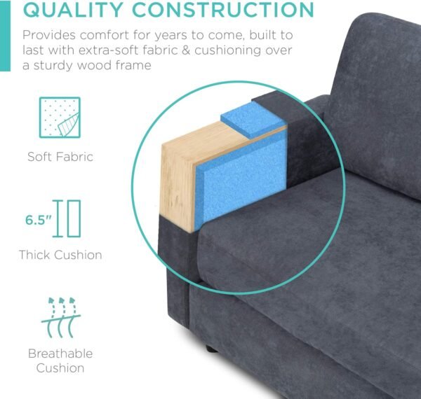 Best Choice Products Upholstered Sectional Sofa for Home, Apartment, Dorm, Bonus Room, Compact Spaces w/Chaise Lounge, 3-Seat, L-Shape Design, Reversible Ottoman Bench, 680lb Capacity - Blue/Gray - Image 6