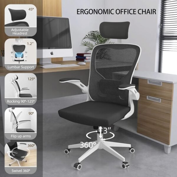 Ergonomic Office Chair, High Back Mesh Computer Desk Chair with Flip-up Arms, Adjustable Lumbar Support & Headrest, Swivel Rolling Task Chair for Home Office, Bedroom, Study, College Dorm（White&Black - Image 4