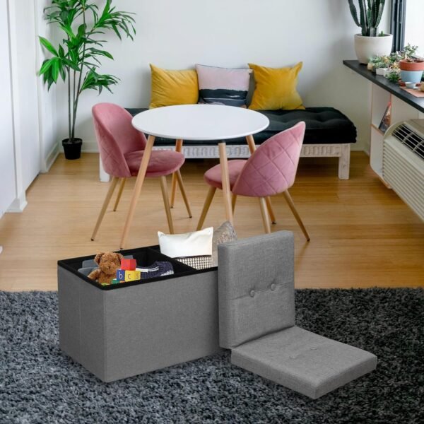 30 Inches Storage Ottoman Bench with Flipping Lid, Linen Foldable Storage Footrest, Ottoman with Storage for Living Room Holds up to 330lbs, Light Grey - Image 2