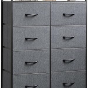 WLIVE Fabric Dresser for Bedroom with Open Shelves, Tall Dresser with 8 Drawers, Storage Tower with Fabric Bins, Chest of Drawers for Closet, Living Room, Hallway, Charcoal Gray