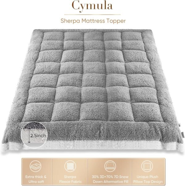 Twin XL Mattress Topper for Single Bed, Cymula Sherpa Mattress Pad for College Dorm Bed 2inch Extra Thick Mattress Cover with 900GSM Down Alternative Soft Pillow Top with 8-21" Deep Pocket, 39x80in - Image 2