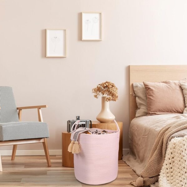 Cotton Rope Laundry Basket Hamper for Girls Kids Baby Nursery Hamper Bin Woven Storage Basket for Living Room Girls room Boho Tall Rope Baskets for Blanket Toys Large light pink - Image 5