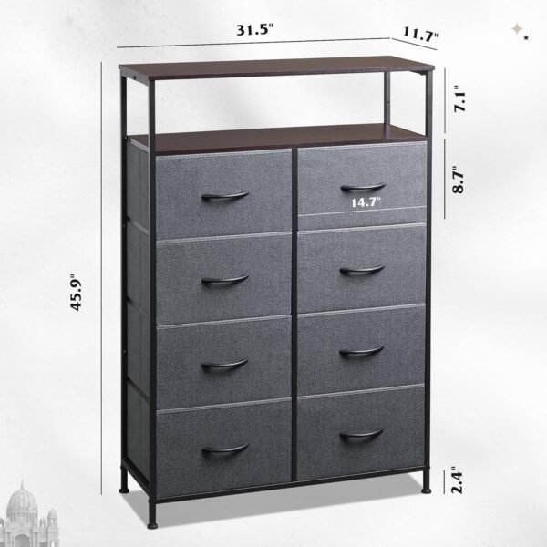 WLIVE Fabric Dresser for Bedroom with Open Shelves, Tall Dresser with 8 Drawers, Storage Tower with Fabric Bins, Chest of Drawers for Closet, Living Room, Hallway, Charcoal Gray - Image 3