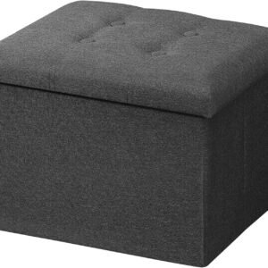 AmasSmile® Storage Ottoman Folding Foot Rest Stool, 17 inch Linen Footstool Bench, Short Ottoman Bench, Storage Foot Rest Store, Books, Records Support 330 lbs,Dark Grey