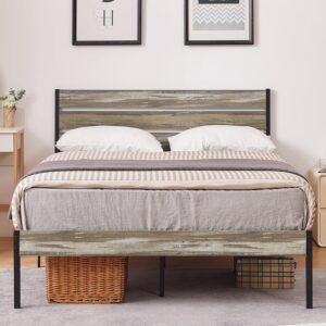 VECELO Full Size Bed Frame with Vintage Wood Headboard and Footboard, Mattress Foundation, Strong Metal Slats Support, No Box Spring Needed