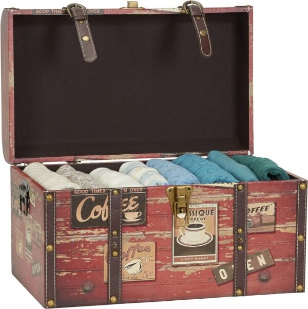 Household Essentials 9245-1 Medium Decorative Home Storage Trunk - Luggage Style - Coffee Shop Design , Orange - Image 2