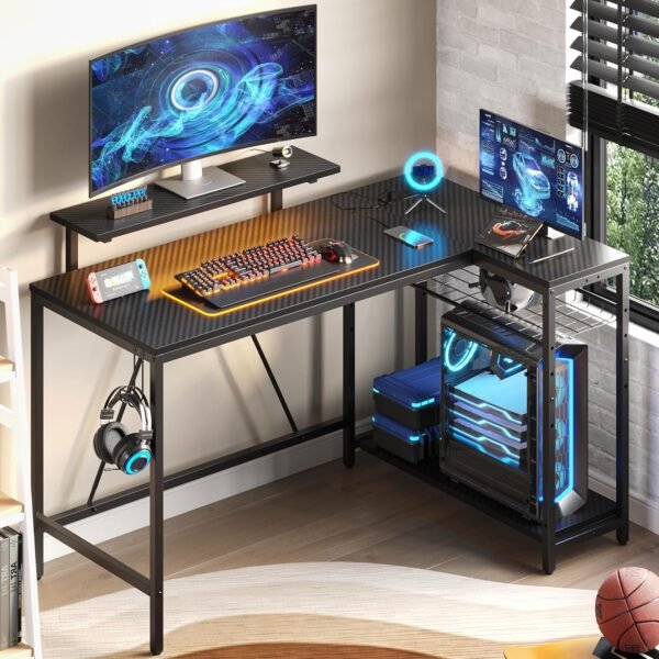 Bestier 52 Gaming Desk with Power Outlet & USB Ports,Reversible Small L Shaped Computer Desk with LED Strip & Headset Hooks,Corner Desk for Home Office Spaces Carbon Fiber Black - Image 9