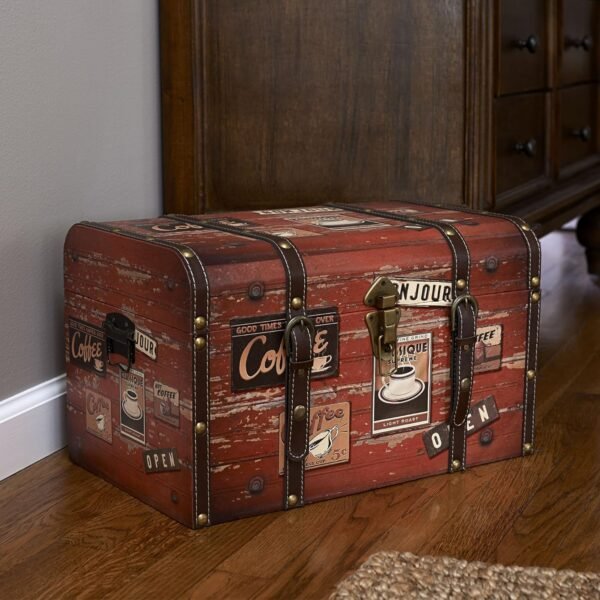 Household Essentials 9245-1 Medium Decorative Home Storage Trunk - Luggage Style - Coffee Shop Design , Orange - Image 3