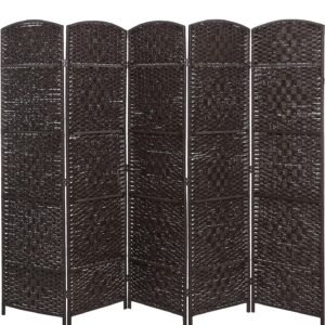 MyGift Handwoven Brown Bamboo 5 Panel Folding Room Divider, Living Room Studio and College Dorm Partition Semi-Private Divider with Dual Hinges