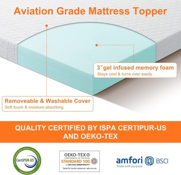 3 Inch Gel Memory Foam Cooling Mattress Topper Queen Size, Mattress Pad Cover for Pressure Relief, Bed Topper with Removable Cover，Soft & Breathable - Image 2