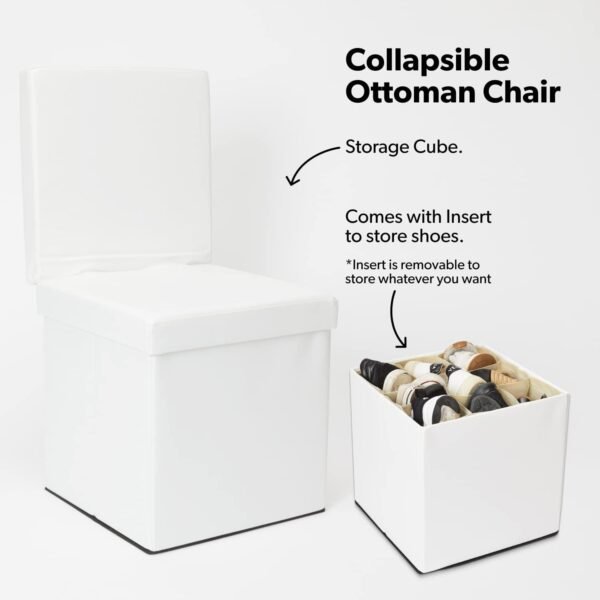 Dormify Collapsible Storage Ottoman Chair | Holds Up to 200 lbs | White | Storage & Organization Solution | Foldable | Organizer | Dorm & Bedroom Accent | 16" x 16" x 16" | Dorm & Bedroom Essential - Image 4
