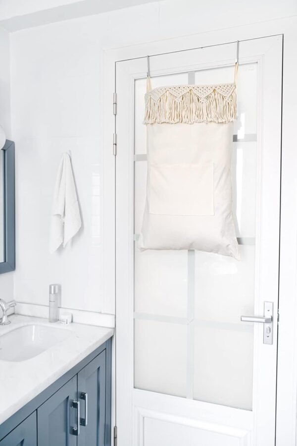 Mkono Macrame Hanging Laundry Hamper and Small Macrame Storage Basket for Toilet Tank Top Boho Bathroom Decor for Bedroom Living Room Nursery, Ivory, Set of 2 - Image 2