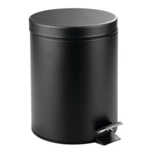 mDesign Small Modern 5 Liter/1.3 Gallon Round Metal Lidded Step Trash Can, Compact Garbage Bin with Removable Liner Bucket and Handle for Bathroom, Kitchen, Craft Room, Office, Garage – Black