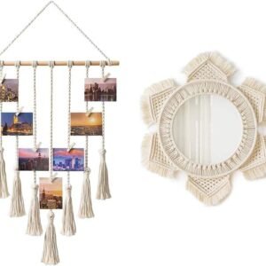 Mkono Hanging Photo Display and Macrame Hanging Wall Mirror Boho Home Decoration for Apartment Bedroom Living Room Dorm