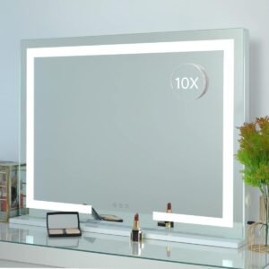 HOMPEN Makeup Vanity Mirror with Lights, Lighted Vanity Mirror, Table Top Lighted Beauty Mirror, Dimmable LED Light Strips, Hollywood Style Mirror, 28″x22″