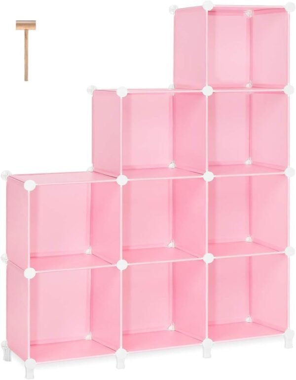 TomCare Cube Storage Organizer 9-Cube Closet Organizer and Storage Shelves Bookshelf Cubes Organizer Plastic Book Shelf Bookcase DIY Square Closet Cabinet Shelves for Bedroom Office, Pink