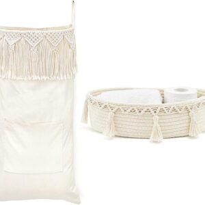 Mkono Macrame Hanging Laundry Hamper and Small Macrame Storage Basket for Toilet Tank Top Boho Bathroom Decor for Bedroom Living Room Nursery, Ivory, Set of 2