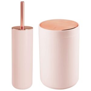 mDesign Modern Slim Profile Compact Freestanding Plastic Toilet Bowl Brush and Round Wastebasket Garbage Can Combo for Bathroom Storage – Sturdy, Deep Cleaning – Set of 2 – Light Pink/Rose Gold